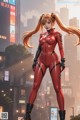 A woman in a red latex outfit standing in the middle of a city.