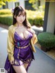 A woman in a purple and gold kimono posing for the camera.