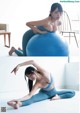 A woman sitting on top of an exercise ball.