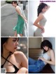 A collage of photos of a woman in a white top and green skirt.